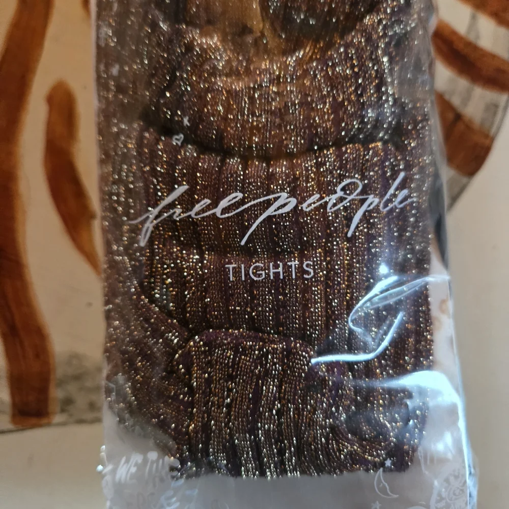 Free People Capitol Shimmer Ribbed Metallic Tights Gold And Purple 2 Pair